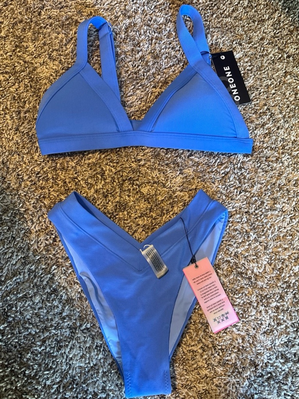 OneOne Blue Ribbed Triangle Bikini Set